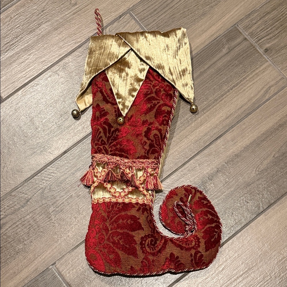 Serendipity Vtg Christmas Stocking XL Gold Burgundy Velvet Tapestry